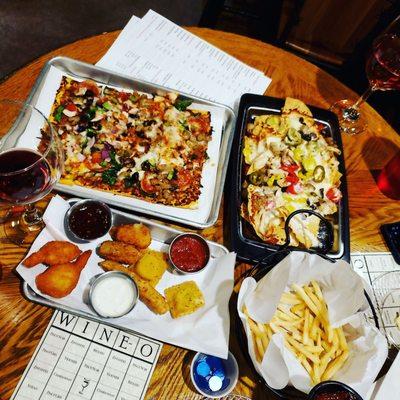 Pizza, nachos,trio and wine