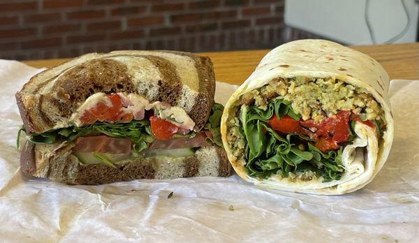 ultimate veggie sandwich, falafel wrap (both vegan)