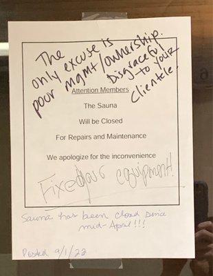 Members voicing frustration over misleading signage posted on sauna door