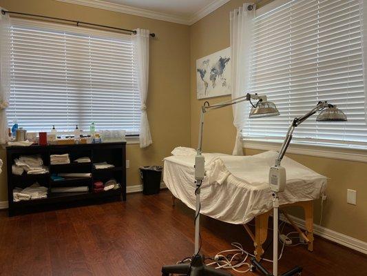 This is one of several treatment rooms. The room is always cleaned and reset between patients