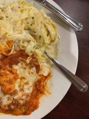 Chicken Parmigiana but I substituted fettuccine Alfredo for the spaghetti (my two favorite dishes so I can't just pick one)