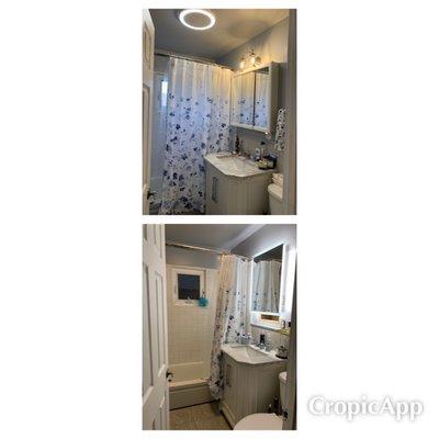 Bathroom (before and after). We took out the vanity light and installed an LED mirror.