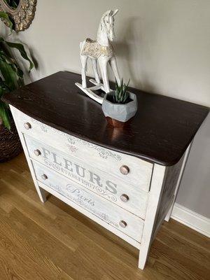 Hand Painted Parisian Stenciled Three Drawer White Wood Dresser With Dove Tailed Drawers, and Espresso Stained Top.