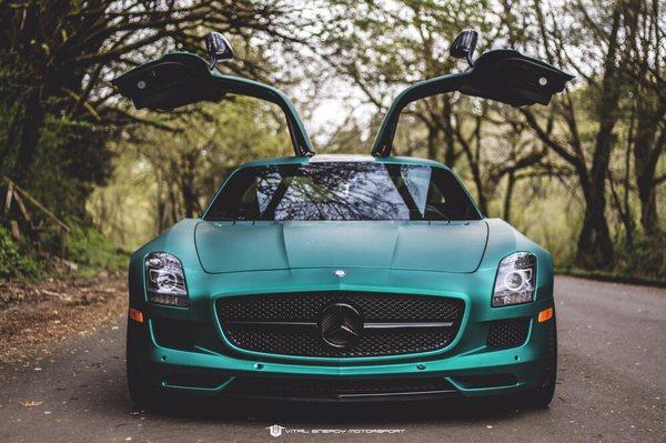 Mercedes Benz sls full car dark green matte chrome professional wrapped