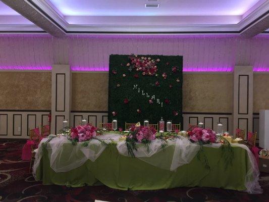 Beautiful flowers and pink dance floor by  @Ashar cake by @marynafso and beautiful set up by Salam and Faris at the Palm's Banquet Hall.