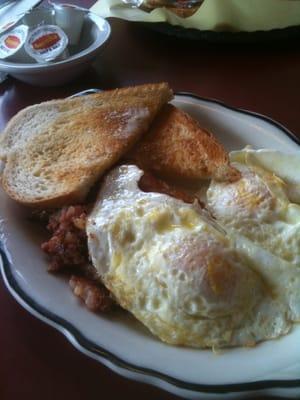 Over medium eggs and corned beef hash, my friends!