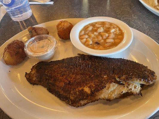 Blackened Catfish. Northern White Beans. Hushpuppies