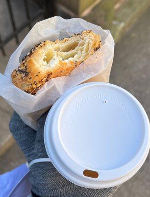 Flat White and Everything Croissant with cream cream filling (from Balthazar)