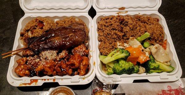 Sesame chicken w/ Teriyaki sticks.  Chicken & broccoli w/ an egg role.  Both meals have pork fried rice... among the best in Northern VT.