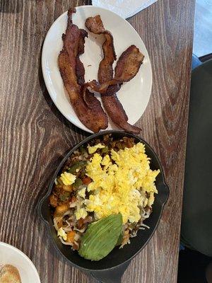 Red rooster skillet was great with the avocados, side of bacon cooked to perfection