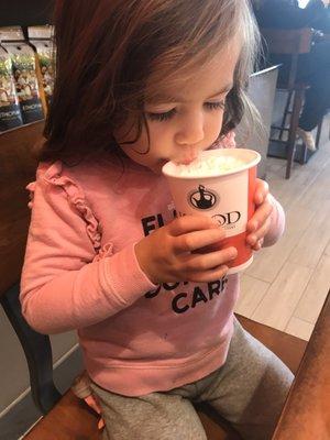 Kid temp steamed milk w/ vanilla & whipped cream has kept my littlest one pretty satisfied. She calls it her "baby coffee"