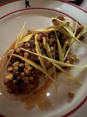 Scallops with pork belly, corn and more