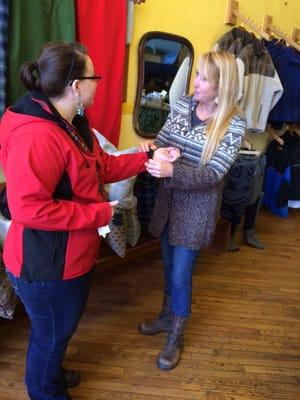 Getting fitted, and Julie explaining some neat options for the cuffs.