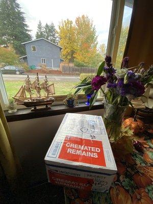 How I received my ashes. She made sure to sticker every side of this box so it would be handled with care.