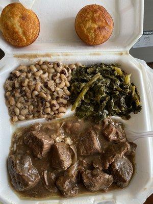 Beef Tips W/ Rice, Collard Greens, Blackeye Peas W/ Okra