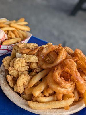 Seafood dinner plate combo with 1/2 calamari 1/2 popcorn shrimp (comes with fries and onion rings)