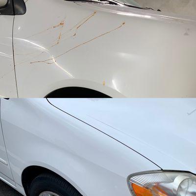 A pipe in a parking garage leaked rust onto my car, ruining the white paint. $1,500 later. Before & after.