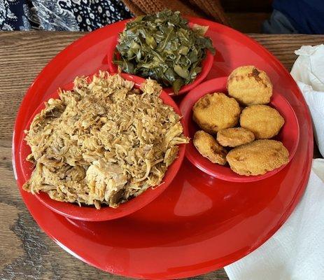 Bbq pulled pork, collard greens, fried squash