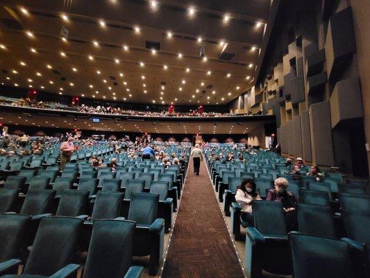 Main aisle very steep. Stumble/fall if  in rush to get out. Note exit upper right corner of photo. Another one to right of photo.