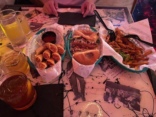 Lumpia, burger, poutine fries