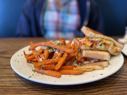 Lobster and Shrimp grilled cheese with sweet potato fries.