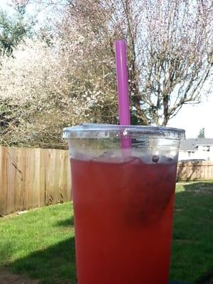 Sunburst Iced Tea. Green Tea w/ coconut & raspberry, topped with OJ, with a cranberry vitamin B shot added. Great way to start the morning.