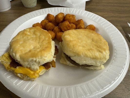 Sausage Biscuit, Bacon Egg and Cheese Biscuit and Sweet Potato Tots!!