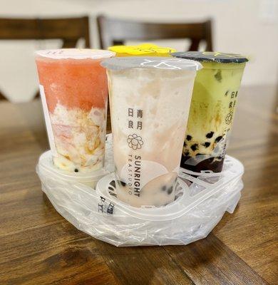 Our family's favorite: strawberry frostie, taro milk tea w/ boba, matcha milk tea w/ boba and (at the back) grapefruit jasmine w/ agar boba