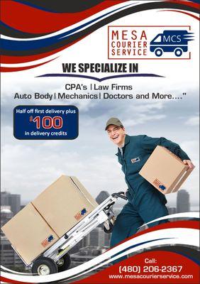 At Mesa Courier Service we specialize in delivery services for law firms, auto body, mechanics, doctors and more....