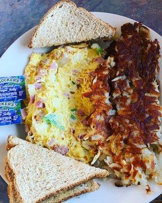 Denver Omelette with hash browns and wheat toast