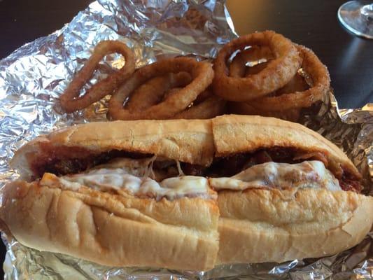 Chicken parm sandwich and onion rings. Not bad, but all was pulled right out of the freezer. If you're cool with that, you'll be satisfied.