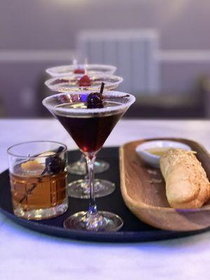 Cherry Noir Martini, Berry Bliss Martini, Old Fashioned, Bread from Le Bakery.