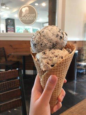 s'mores and cookies & cream in a waffle cone