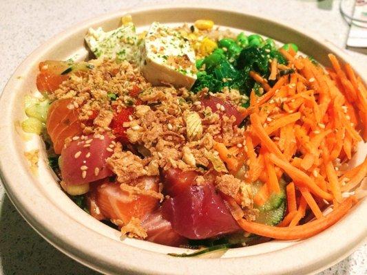 2-scoop poke bowl with salmon and tuna on a bed of brown rice and kale, $10.95!