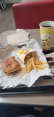 123123 One of my new favorites the hand breaded chicken sandwich fresh dropped medium sized fries no salt barbecue sauce and Diet Coke.