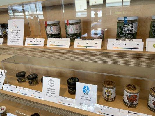 Part of the weed wall where all of our cannabis strains are displayed at Dockside Cannabis in Green Lake