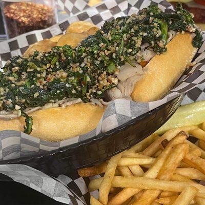 D'King's Italian Roast Pork: Sliced Pork with Sharp Provolone, Topped with Broccoli Rabe, on a Conshy Bakery Sub Roll.