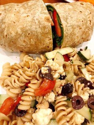 Strawberry spinach wrap with chicken and Greek pasta salad as a side!