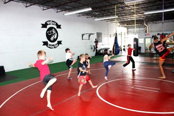 Kids learning basic techniques - round kicks