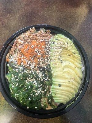 Regular Poke bowl with 3 scoops, upgraded with avocado (look at all that avocado )