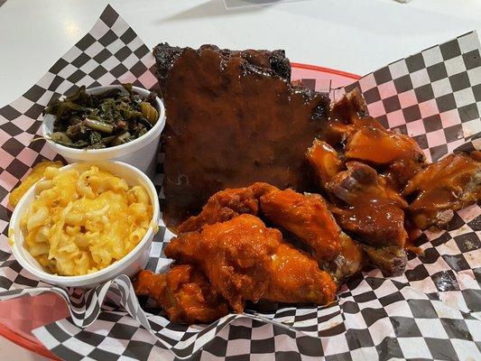 Spare ribs, rib tips, buffalo wings, greens, Mac and cheese, & greens whew ‍