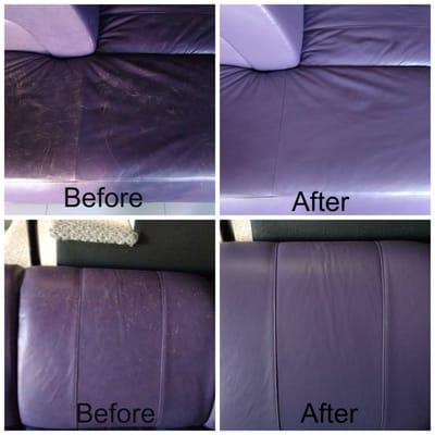 Before and after pictures of our leather sofa with cat damage.