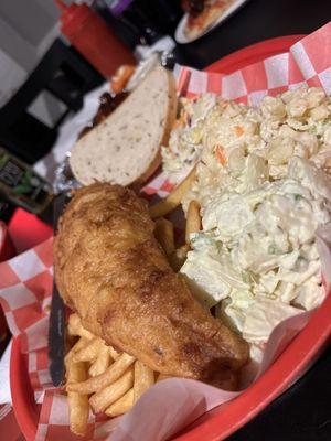 Fish fry. coleslaw, potato salad, fries, macaroni salad, rye bread !