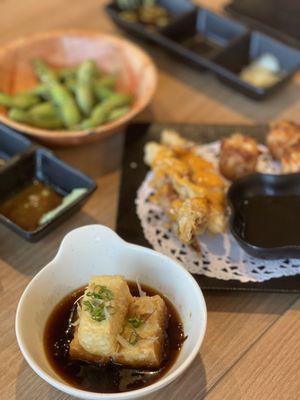 Age tofu, Edamame, fried shumai,