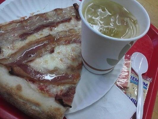 Photoed w. Cell Camera: Bacon Pizza and Chicken Noodle Soup