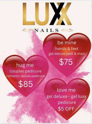 Winter Special 
gel deluxe pedi & mani $75
couple deluxe pedicure $85 
$5 off for gel deluxe or luxx pedicure