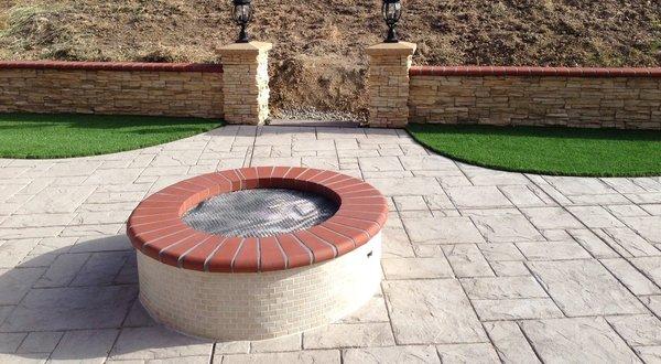 Fire Pit, concrete stamping, side wall. All custom built.