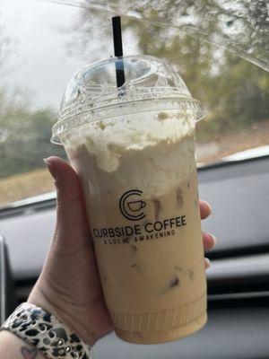 Large iced coffee with sugar free white chocolate and sugar free whip