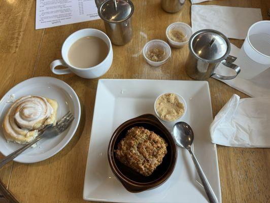 Amish oatmeal cinnamon roll and coffee