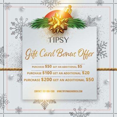 Gift Card Bonus Offer!!! Buy $50 Get additional $5. Buy $100 Get additional $20. Buy $200 Get additional $50. -------- *Valid In-Store Only.